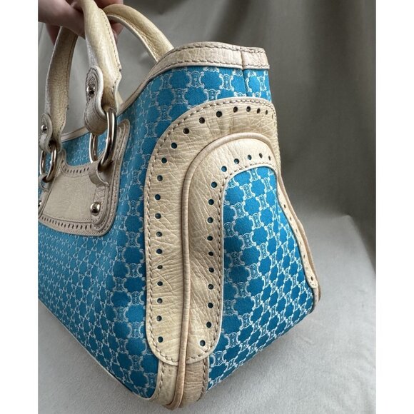 Céline Macadam Canvas Cream Leather Hand Bag Aquamarine Blue Purse - Picture 8 of 15